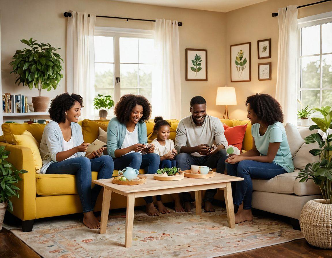 A warm, inviting scene of a diverse family gathered together in a cozy living room, engaging in meaningful activities like playing games, cooking, and laughing. Incorporate elements that symbolize wellness, such as plants, books on mental health, and calming colors. Capture the joy and support that comes with togetherness, highlighting connections through smiles and touch. soft lighting, heartwarming atmosphere. vibrant colors. 3D.
