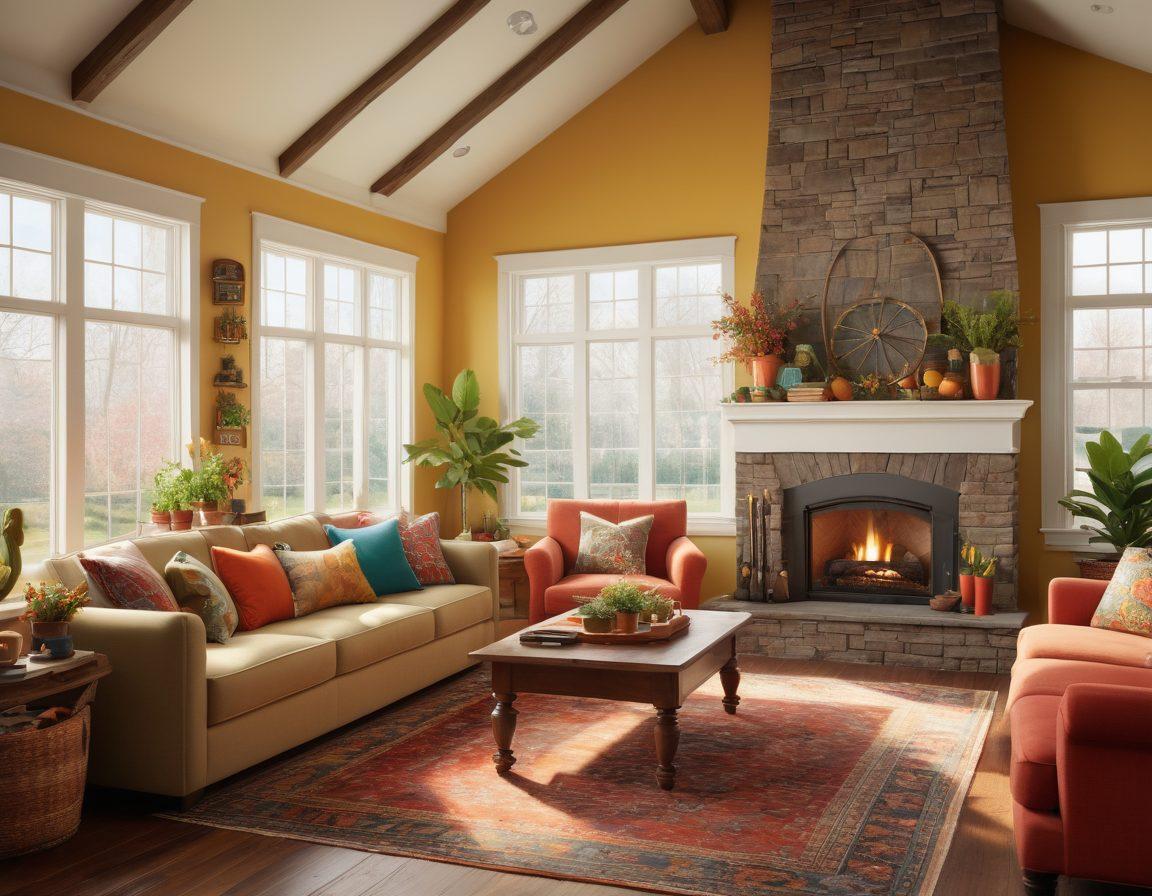 A warm and inviting family living room with a cozy fireplace, where family members are engaged in various joyful activities like board games, storytelling, and arts & crafts. Soft sunlight streams through large windows, enhancing the cheerful atmosphere filled with colorful decor and plants. The room radiates happiness and togetherness, showcasing moments of love and laughter. vibrant colors. super-realistic.