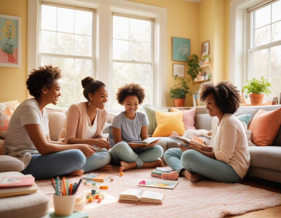 A heartwarming scene of a diverse family gathered in a cozy living room, engaging in various joyful activities together such as playing games, cooking, and laughing. Warm sunlight spills through the window, illuminating happy faces and colorful decor that symbolizes togetherness and wellness. Include elements like books and art supplies scattered around to evoke a sense of nurturing creativity and connection. soft pastel colors. 3D effect.